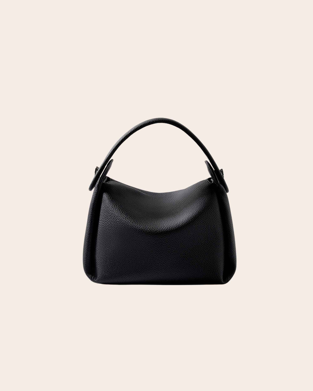 Embrace soft pebbled leather hobo bag in black, with a dipped upper line and a rounded flap