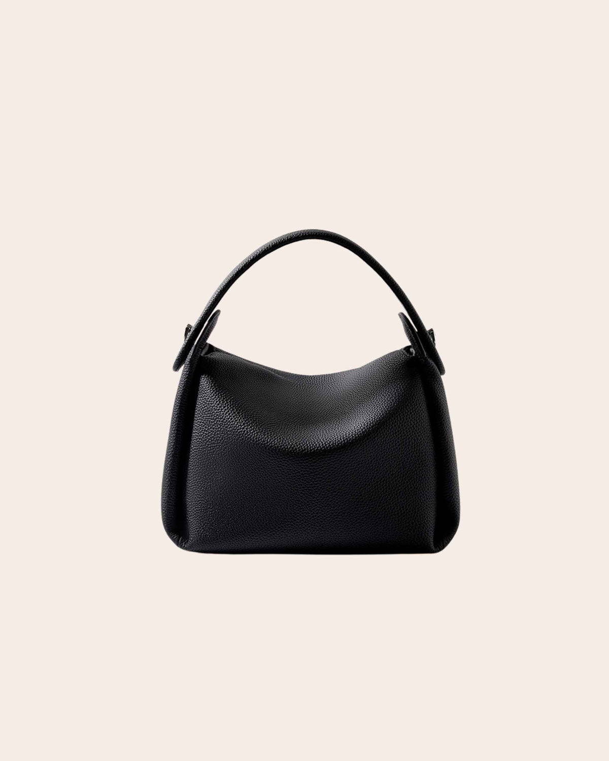 Embrace soft pebbled leather hobo bag in black, with a dipped upper line and a rounded flap