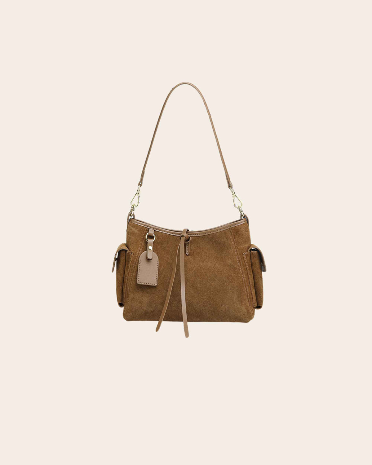 Harbour nubuck leather shoulder bag in brown, with gold hardware and a flap pocket on each side