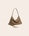 Hearth suede shoulder bag in grey, with a curved top line and silver hardware