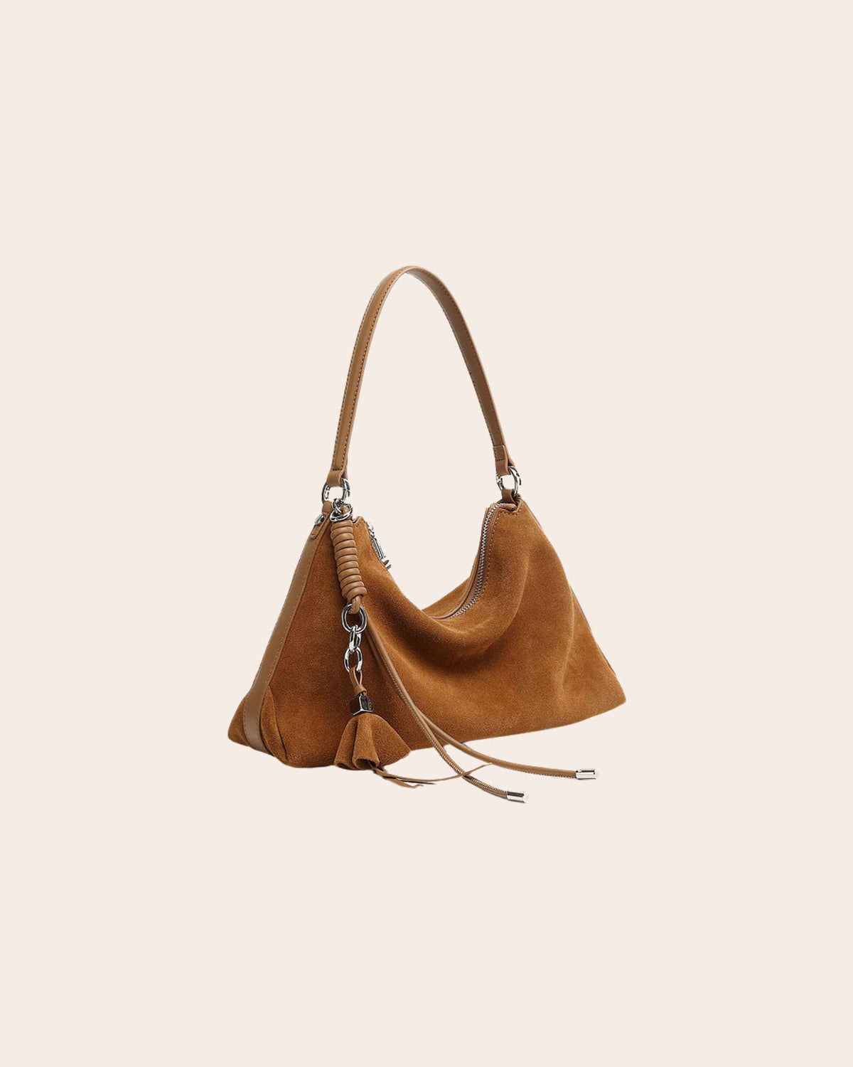 Hearth suede shoulder bag in brown, with a curved top line and silver hardware