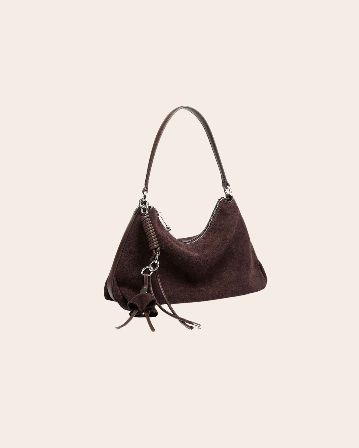 Hearth suede shoulder bag in coffee brown, with a curved top line and silver hardware