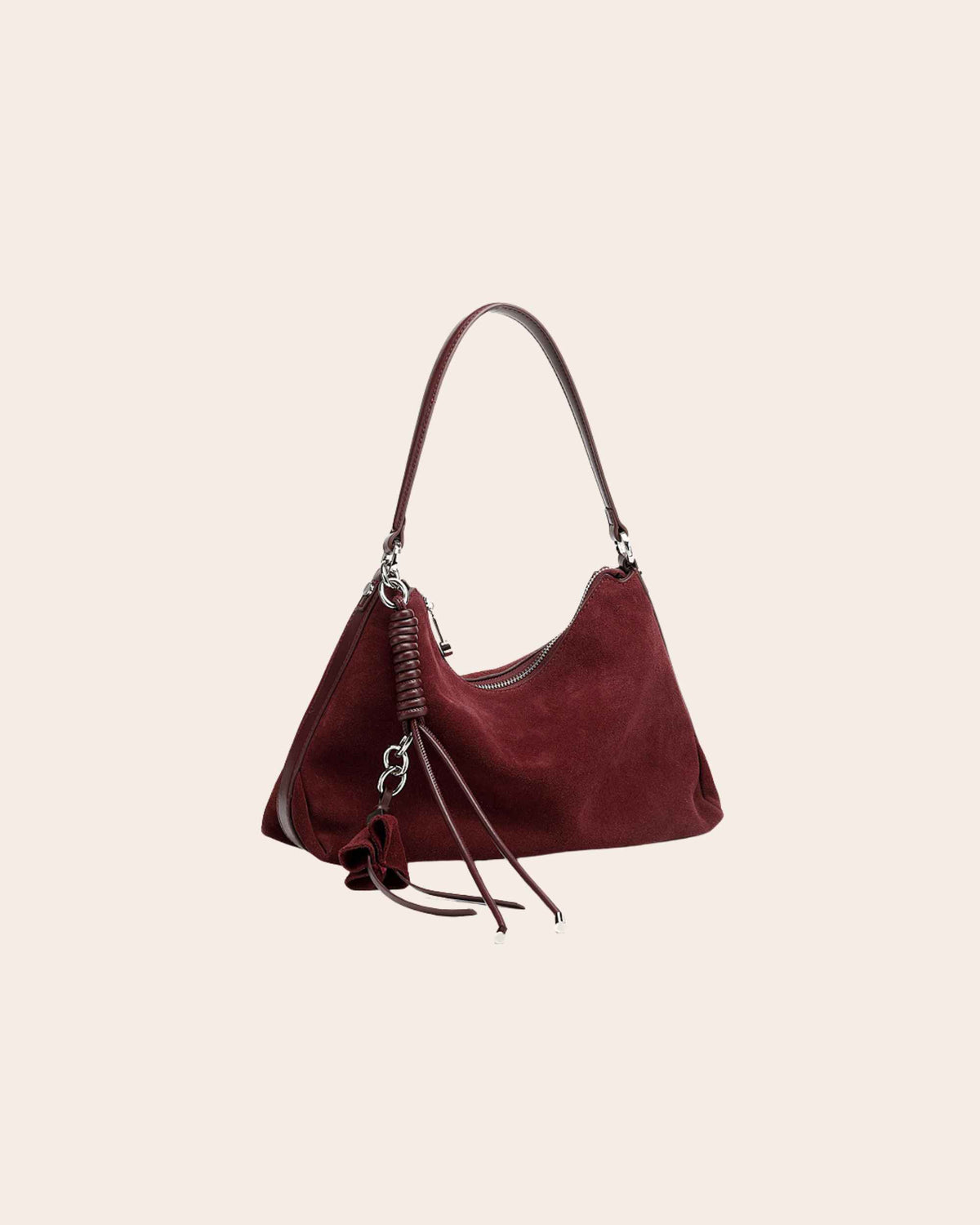 Hearth suede shoulder bag in wine purple, with a curved top line and silver hardware