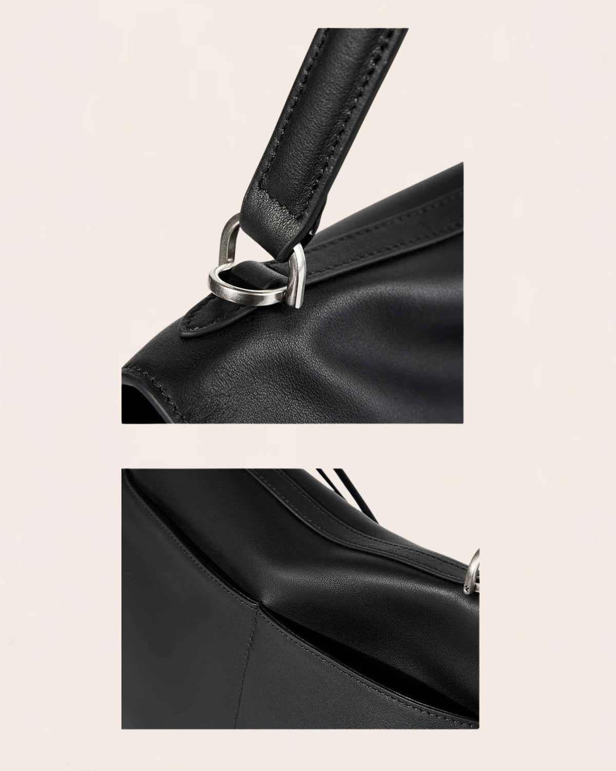 Close detail of the silver ring where the top handle attaches, and of the side seam