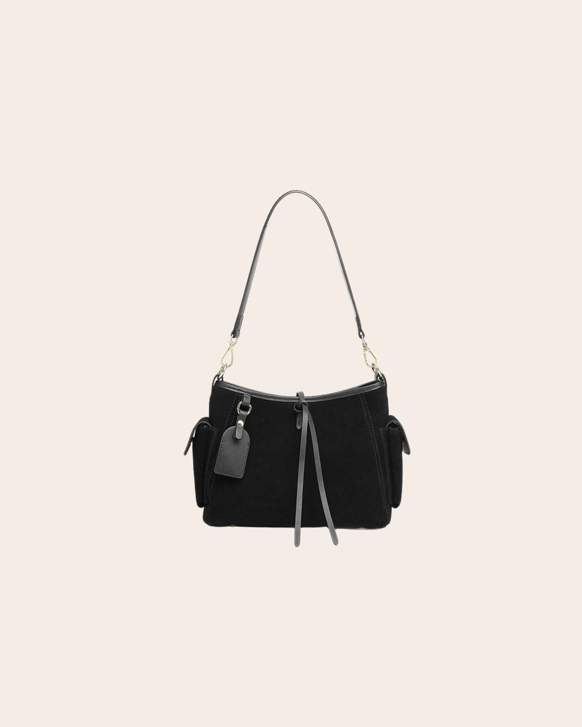 Harbour nubuck leather shoulder bag in black, with gold hardware and a flap pocket on each side