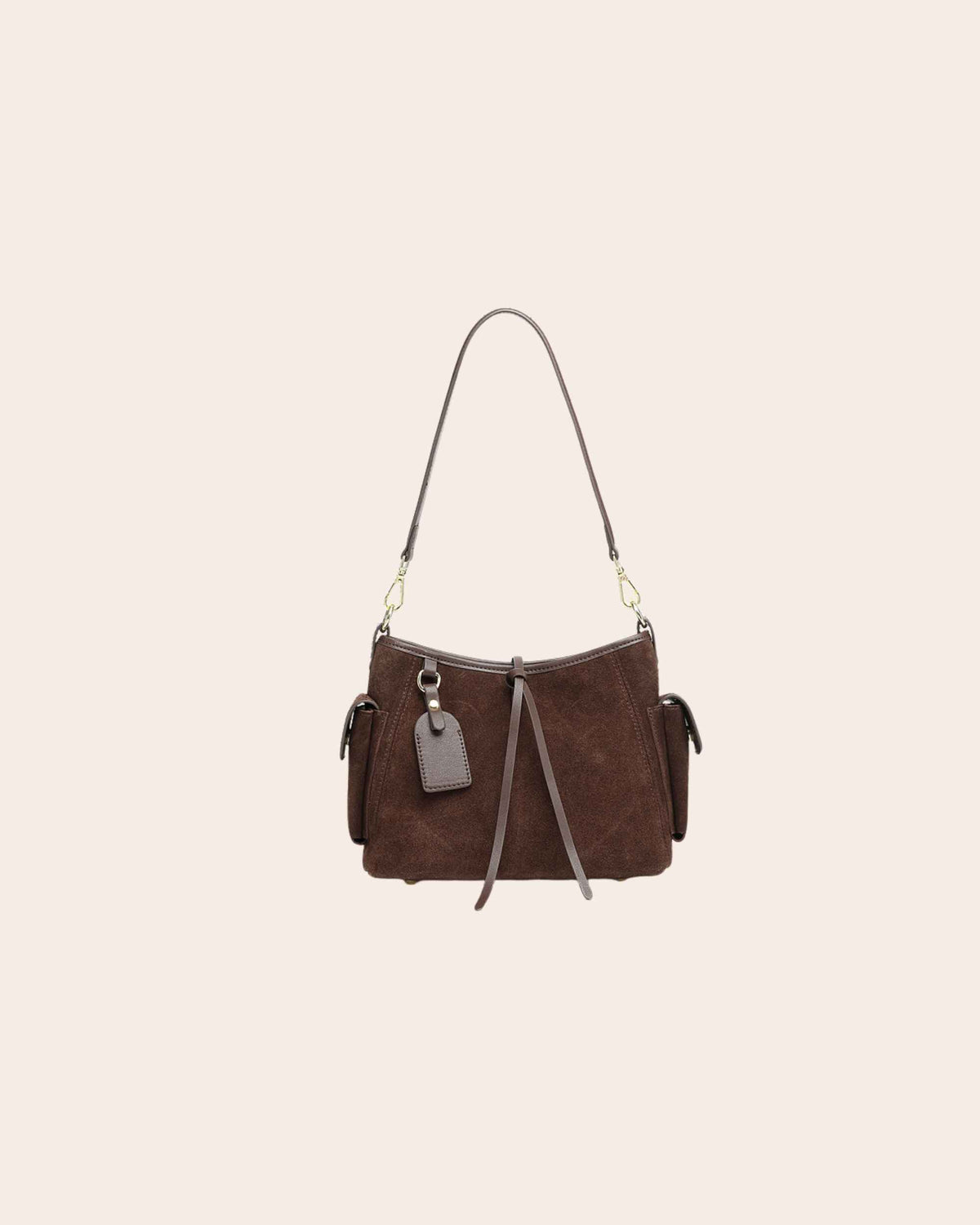 Harbour nubuck leather shoulder bag in coffee brown, with gold hardware and a flap pocket on each side