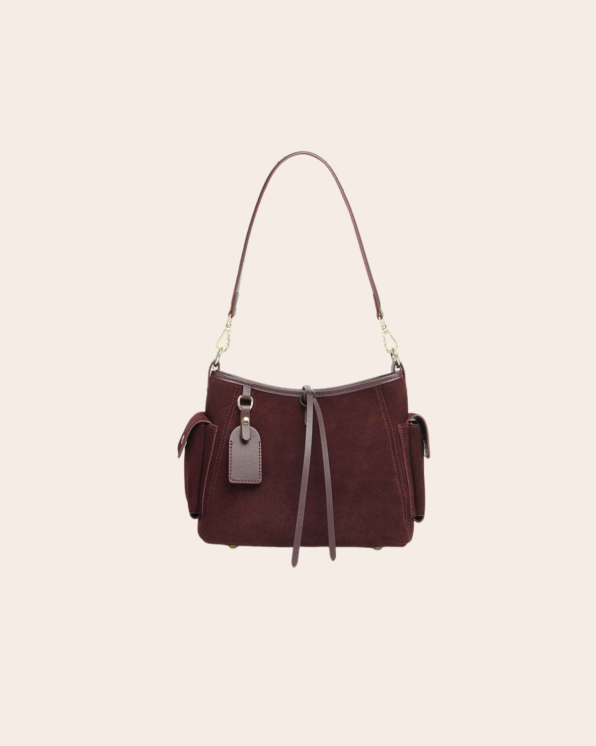 Harbour nubuck leather shoulder bag in wine, with gold hardware and a flap pocket on each side