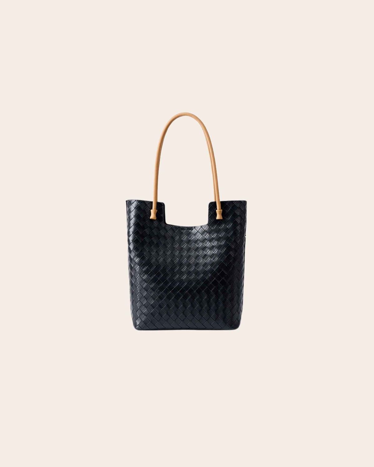 Nest tall woven leather tote bag in black, with tan leather handles