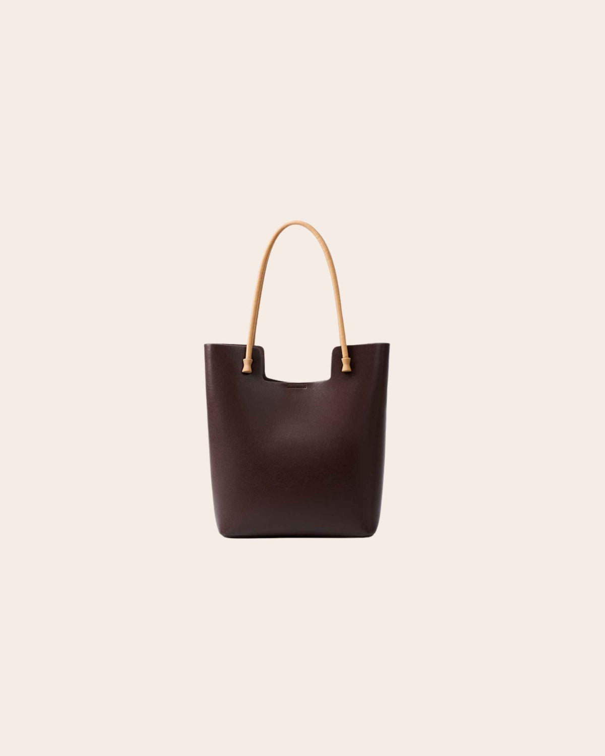 Nest tall leather tote bag in coffee brown, with tan leather handles